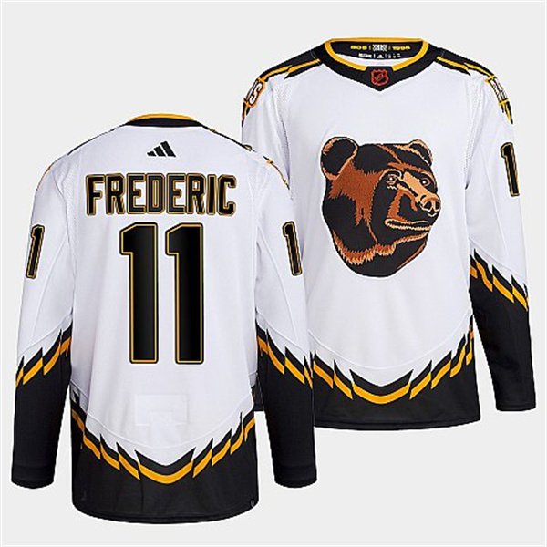 Custom Boston Bruins #11 Trent Frederic 2022 White Reverse Retro 2.0 Stitched Hockey Jersey